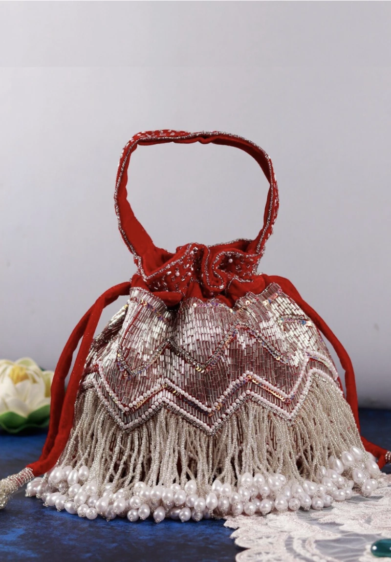 Maroon Silver Tubelight Pearl Bridal Potli Bag