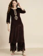 Women Brown & Gold-Toned Ethnic Motifs Embroidered Velvet Kurta