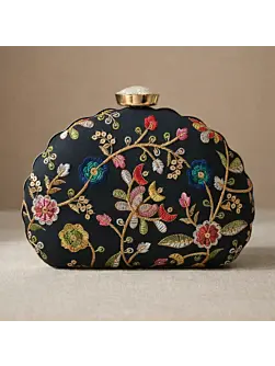 Woman Black Ethnic Floral Embroidered Clutch