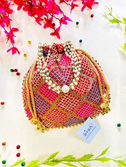 Multicolor Thread Embroidered Red Potli for Women