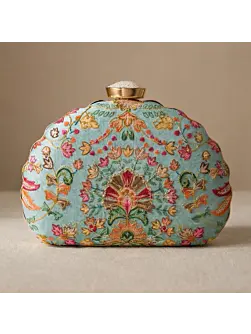 Woman Sky Blue Floral Embroidered Clutch