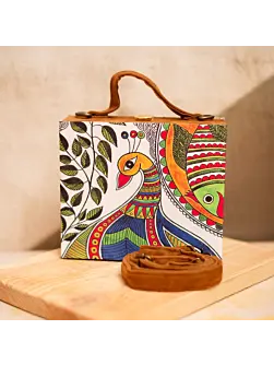 Woman Madhubani Peacock Printed Suitcase Style Clutch