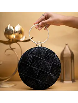 Women Black Embroidery Round Party Clutch
