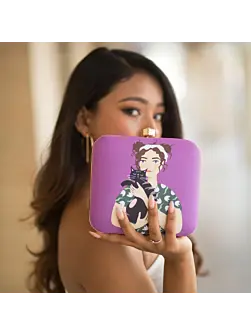 Women Glam Girl and Cat Printed Clutch With Vibrant Purple Background