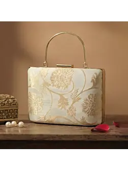 Women Champagne Ivory Gold Floral Embroidered Clutch