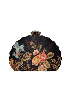 Women Black Flower Printed D-shape Clutch