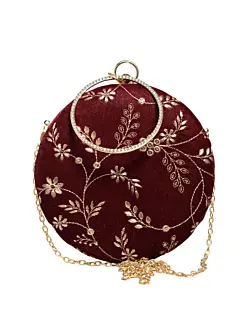 Women Maroon And Golden Embroidery Round Clutch