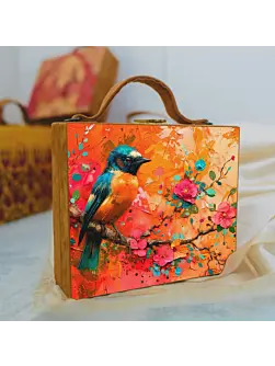 Woman Orange And Blue Bird Printed Suitcase Style Clutch