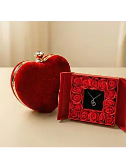 Woman Valentine Special Red Velvet Heart Clutch & Eternal Red Roses Gift Box with Heart Design Necklace