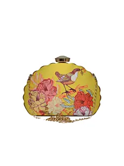 Women Yellow Backdrop Bird Printed D-shape Clutch