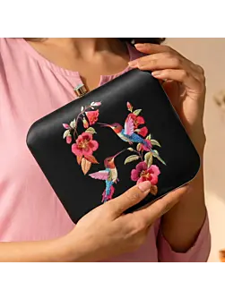 Woman Black Based Bird And Flowers Printed Clutch