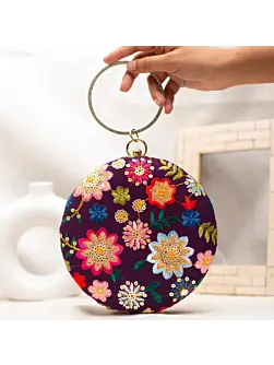 Woman Wine Floral Embroidery Round Clutch