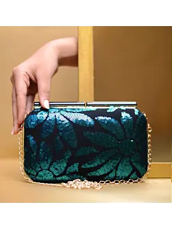 Women Black and Blue Sequins Fabric Party Clutch