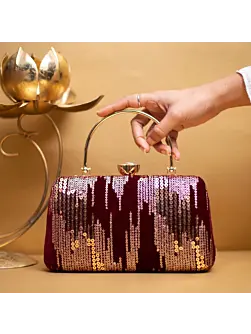 Women Golden Sequins Maroon Embroidery Party Clutch