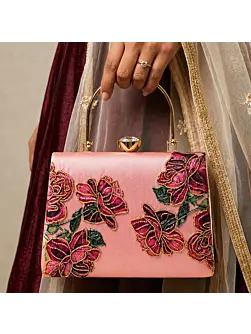 Woman Pink Rose Embroidered Designer Clutch Bag