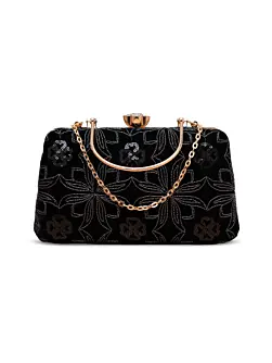 Woman Black Velvet Embroidery Clutch