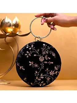 Women Black And Golden Floral Sequins Embroidery Clutch