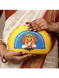 Women Yellow And Blue Durga Printed D-shape Clutch