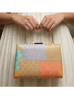 Women Multipattern Yellow Brocade Party Clutch