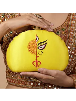 Women Yellow Durga Printed D-Shape Clutch