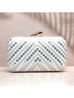 Woman Silver Sequins White Embroidery Clutch