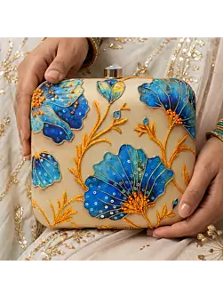 Women Printed Blue Floral Beaded Clutch with Hand Embroidery