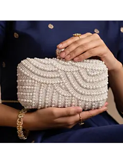 Women White Pearl Beaded Evening Clutch