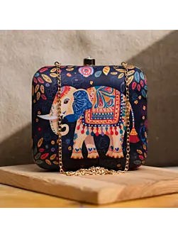 Women Black Elephant Printed Clutch