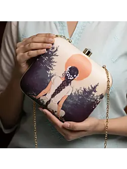 Women Beige Based Girl Portrait Printed Clutch
