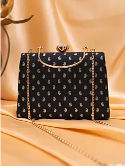 Woman Elegant Black & Gold Jacquard Evening Bag