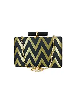 Woman Elegant Black Gold Zigzag Embroidered Clutch