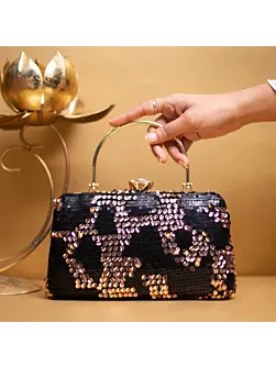 Woman Rose Gold And Black Sequins Party Clutch