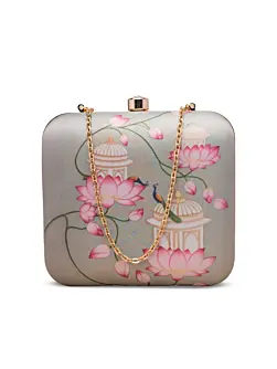 Woman Lotus And Peacock Printed Clutch