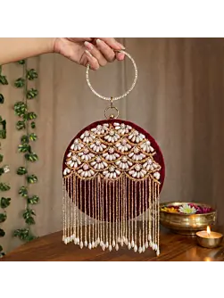 Woman Elegant Floral Pearl Handcrafted Embroidered Round Clutch