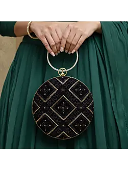 Woman Black Embroidery Round Party Clutch