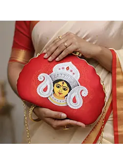 Women Red Durga Face Printed D-Shape Clutch