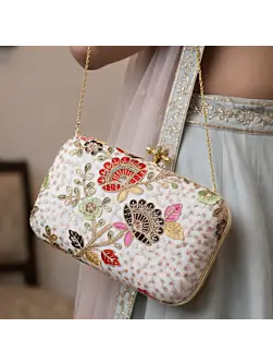 Women White Based Multicolored Threadwork And Sequins Embroidery Clutch