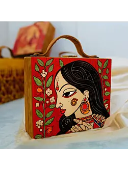 Women Madhubani Portrait Printed Suitcase Style Clutch