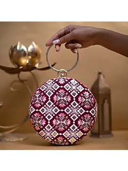 Woman Maroon And Pink Floral Embroidery Round Clutch