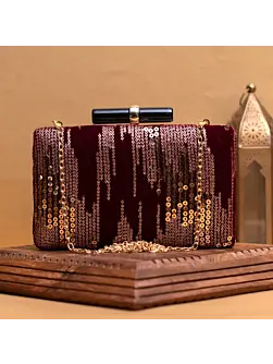 Women Golden Sequins Maroon Embroidery Clutch