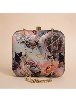 Women Grey and Pink Rose Printed Clutch