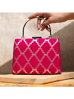 Women Magenta Pink Brocade Fabric Clutch