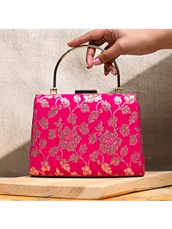 Woman Pink And Golden Brocade Fabric Clutch