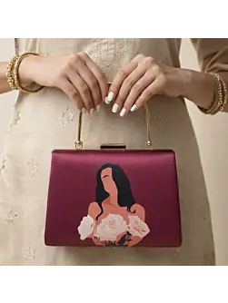 Women Maroon Based Floral Girl Portrait Printed Clutch