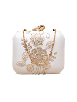 Woman Ivory Floral Gold Embroidered Clutch