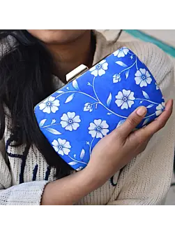 Woman Blue and White Floral Printed Clutch