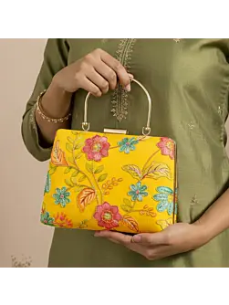 Women Mustard Yellow Floral Embroidered Clutch