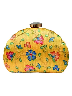 Woman Yellow Floral Moon Shape Clutch