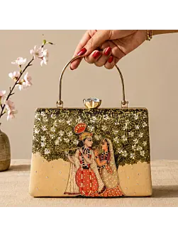 Woman Printed Radha Krishna Divine Art Clutch with Hand Embroidery