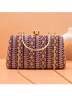 Woman Wine Based White And Golden Threadwork Embroidery Clutch